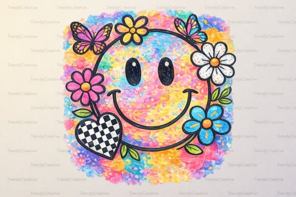 Download Retro Smiley Face Floral Butterfly PNG - Floral Collection