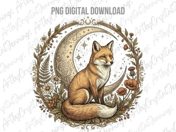 Download Vintage Floral Celestial Fox Moon PNG - Floral Collection